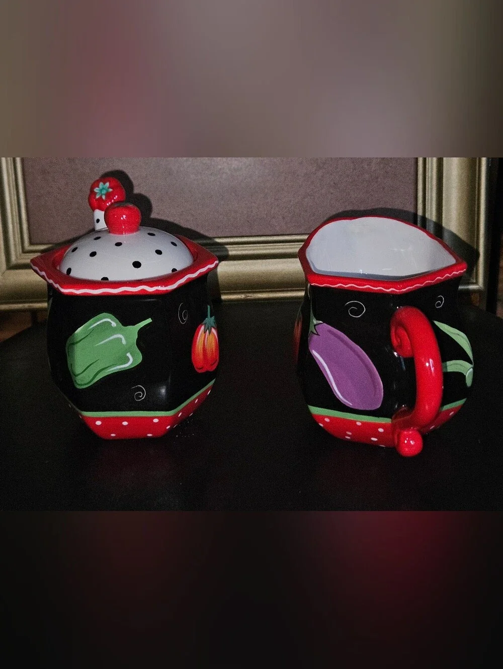 Coyne's & Company Black & Red Ceramic Tomato Sugar Jar and Creamer Set